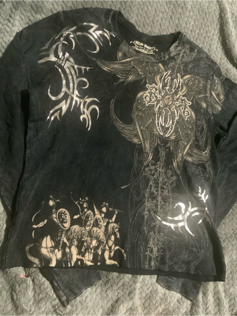 Affliction long sleeve Metallic Silver Wing & Warrior Graphics